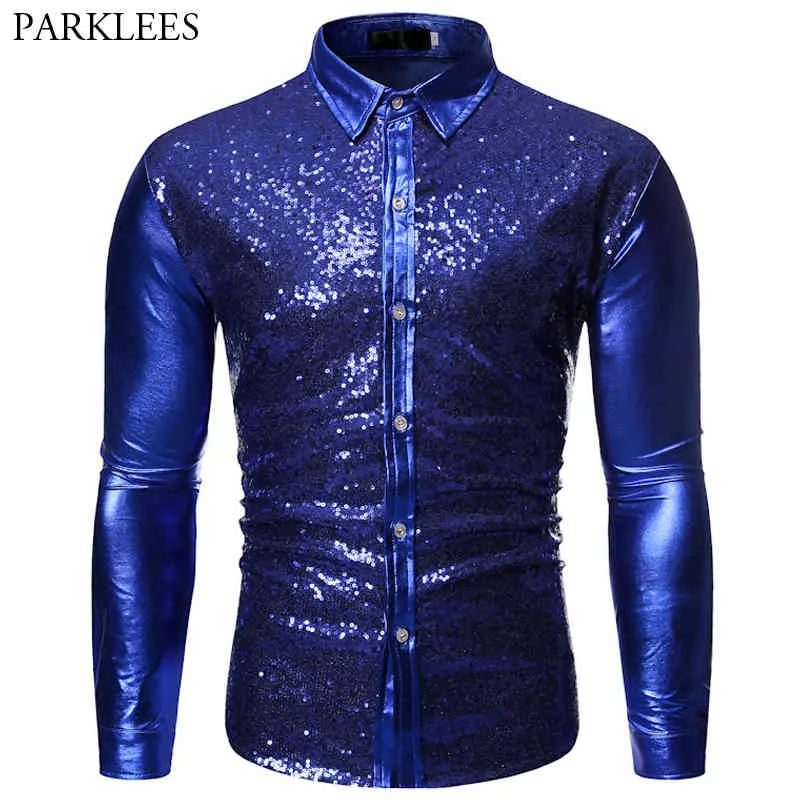 Men Shiny Royal Blue Sequin Shirts Glitter Men Shirt Fashion Nightclub Bar Party Mens Long Sleeve Disco Dance Shirt Men Camisas 210524