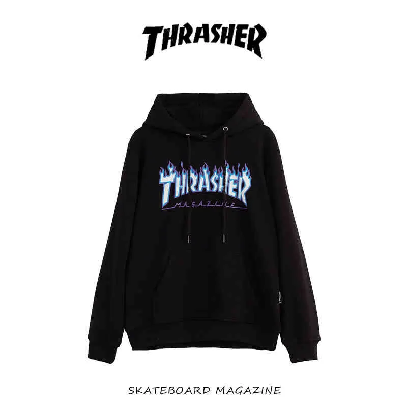 Thrasher Ice Fire Flame Maglione con cappuccio Wang Yibo039s Same Men039s e Women039s Pullover ampio 865