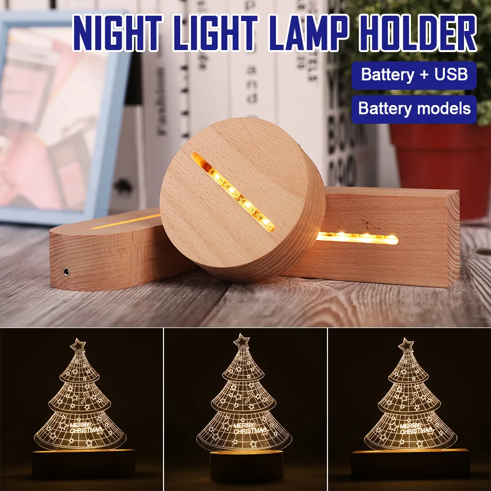 3D Wooden Lamp Base LED Square Round USB Night Light Bases for Acrylic Replacement Beech Table Holder Eco Friendly Warm Lights