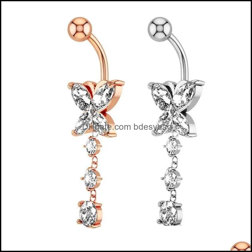 Shiny Butterfly Women Belly Button Ring Beautiful Navel Piercing Body Jewelry Navel Bell Button Rings Crystal Gold Silver