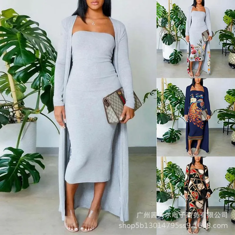 Casual Dresses Women Two Piece Set Sexy Slash Neck Dress And Coat 2021 Summer Long Party Suits Spring Floral Print Sets