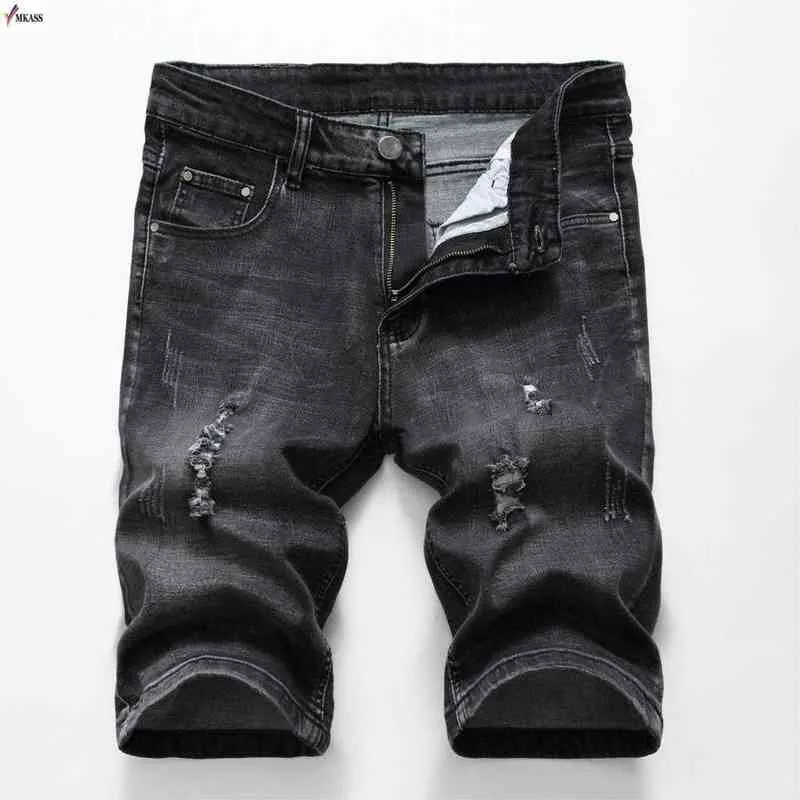 Summer Denim Shorts Men Stretch Slim Fit Short Jeans Mens Designer Cotton Casual Distressed Shorts Knee Length Pants Black Pants