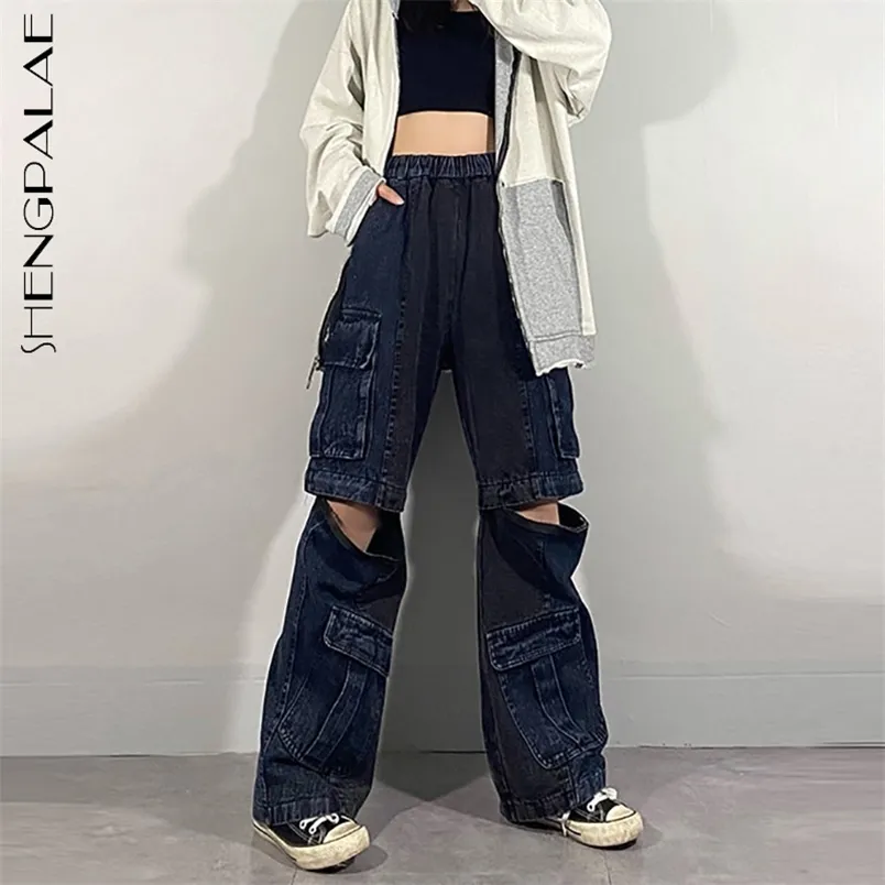 Hip hop Color Contrast Jeans Damska Spring Elastyczna Wysoka Talia Multi Kieszeń Zipper Loose Cargo Spodnie 210427