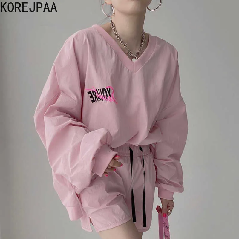 Korejpaa 여성은 여름 한국어 세련 된 부드러운 V 넥 편지를 설정합니다. Loose Top High-Waist 레이스 업 캐주얼 바지 스포츠 정장 210526