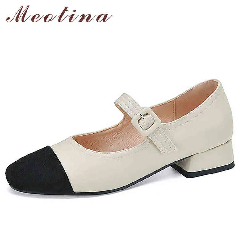 Meotina kadın kalın yüksek topuklu rahat ayakkabılar toka ve kare ayak kapağı ile moda bej 432022 2 9