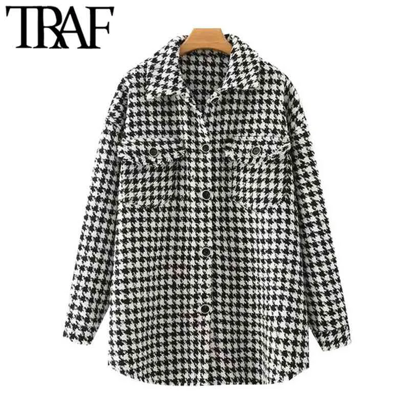 Kvinnor Fashion Oversized Houndstooth Frayed Tweed Jacket Coat Vintage Långärmad Fickor Kvinnlig Ytterkläder Chic Top 210507