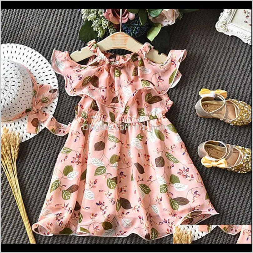 summer new children`s dress girls leaves chiffon sleeveless holiday bohemian dress with hat 2 pieces