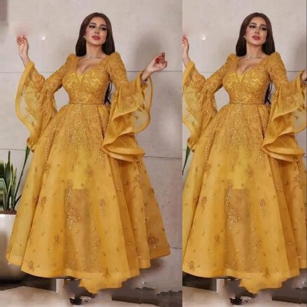 2021 Apliques de Laço de Ouro Pérolas Formal Vestidos de Noite Desgaste para Mulheres Mangas compridas Ruffles vestido de baile tornozelo Comprimento Dubai Árabe Vestidos