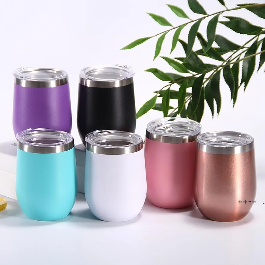 12 oz Boş Süblimasyon Şarap Tumblers Yumurta Şekilli Şarap Cam Çift Duvar Kupaları Paslanmaz Çelik Tumbler Kapaklı Deniz Nakliye RRB12082