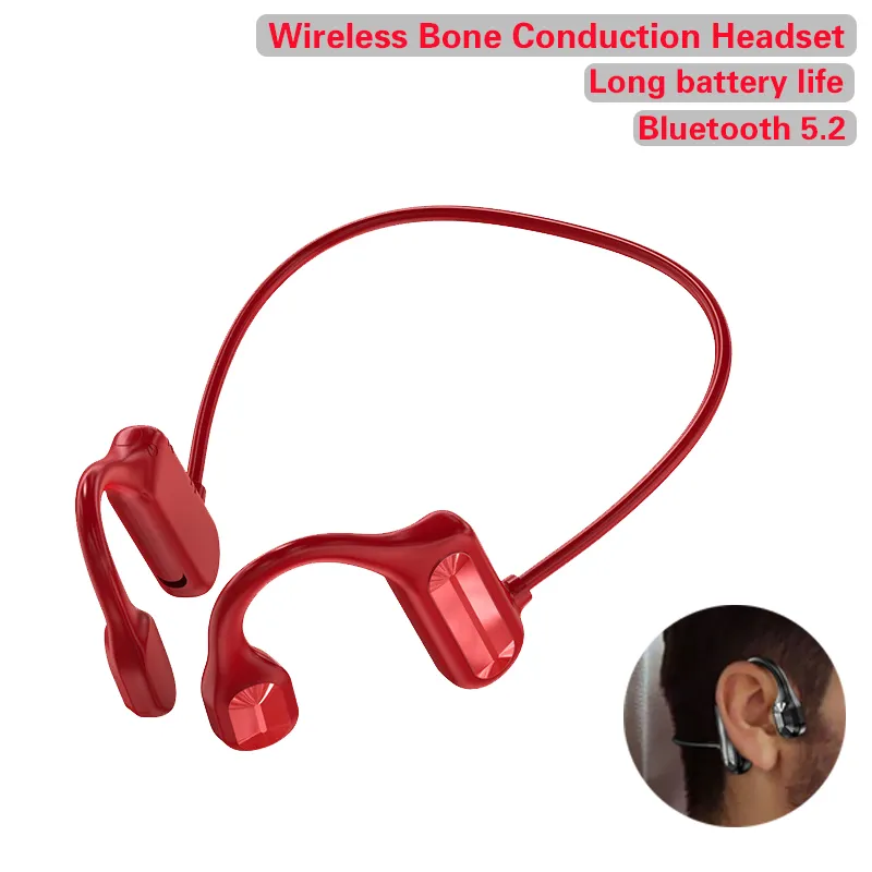 Condução de osso fones de ouvido fios Bluetooth 5.2 Handsing Ear Esportes Headphones impermeáveis ​​Earbuds estéreo Hands-Free Headset Long Battery Vida útil com Mic