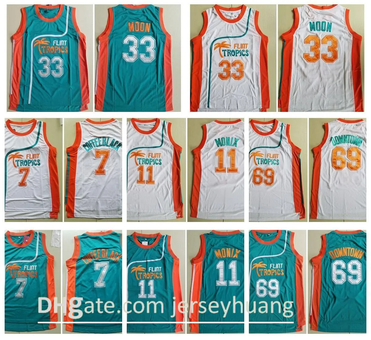 Mäns Flint Tropics Movie Edition # 33 Jackie Moon Broderad 11 Ed Monix 7 Kaffe Black 69 Downtown Basketball Jersey