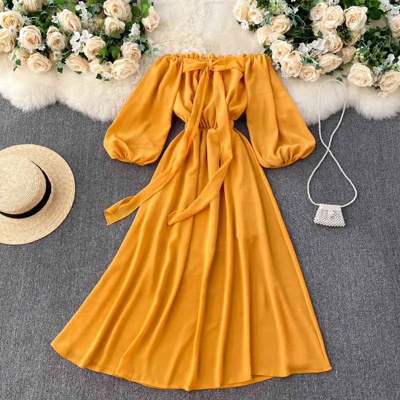 SINGREINY French Off Shoulder Women Dress Summer Sexy Slash Neck Puff Sleeve A-line Dresses Romantic Holiday Beach Midi Dress 210419