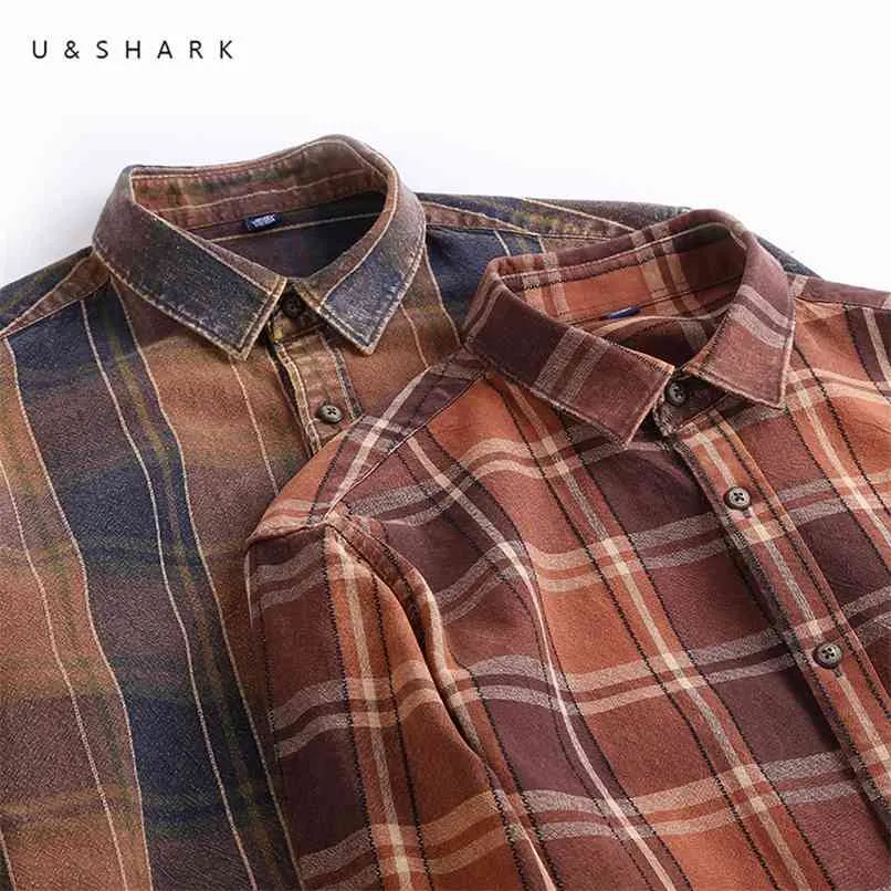 Ushark Brown Photaidカジュアルシャツ長袖春の綿の男性ヴィンテージ市松模様のシャツソーシャル男性カムセタマスコリン210809