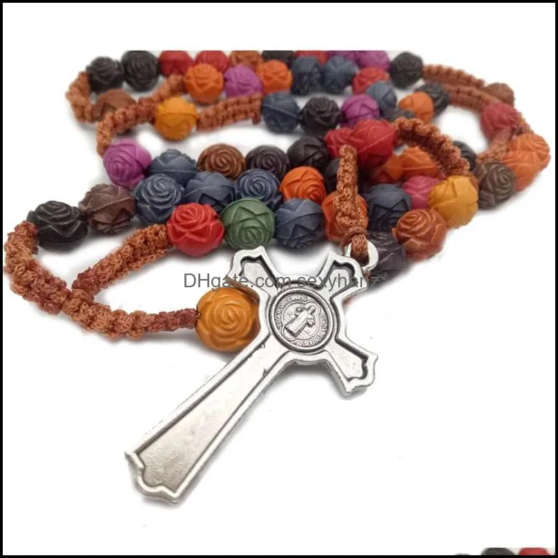 Collane con ciondolo Pendenti Gioielli Perline di rosa Collana con rosario colorato con croce Cristo Gesù Preghiera cristiana fatta a mano religiosa 581 Z2 Drop De