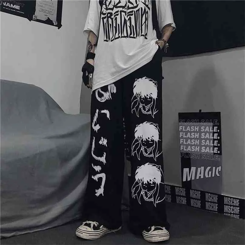 Houzhou Japoński Harajuku Anime Drukuj szerokie spodnie nogi Kobiety Hippie Streetwear Czarne spodnie dresowe Koreański Styl Oversized Spodnie 210925