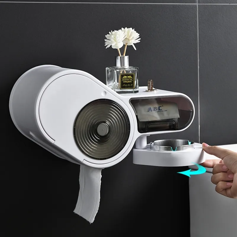 Porte-rouleau de papier toilette Boîte à mouchoirs étanche Porte-rouleau de papier Toilette sans poinçon Salle de bain Boîte de rangement pour papier toilette avec cendrier 210401