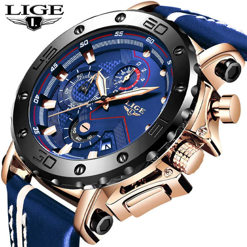 LIGE Herrenuhren Top-Marke Luxus großes Zifferblatt Militär Quarzuhr Casual Leder wasserdicht Sport Chronograph Uhr Männer 210527