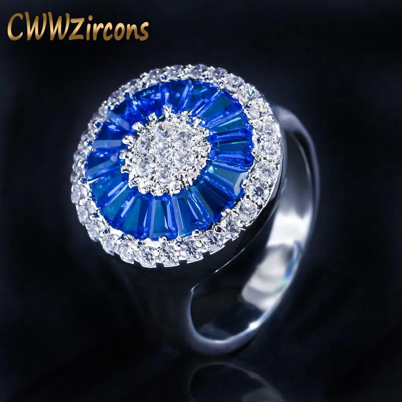 Anneaux de mariage CWWZircons Marque De Mode Couleur Argent Grand Rond Anstrian Bleu Zircon Cubique Cristal Bijoux De Fiançailles Pour Les Femmes R023