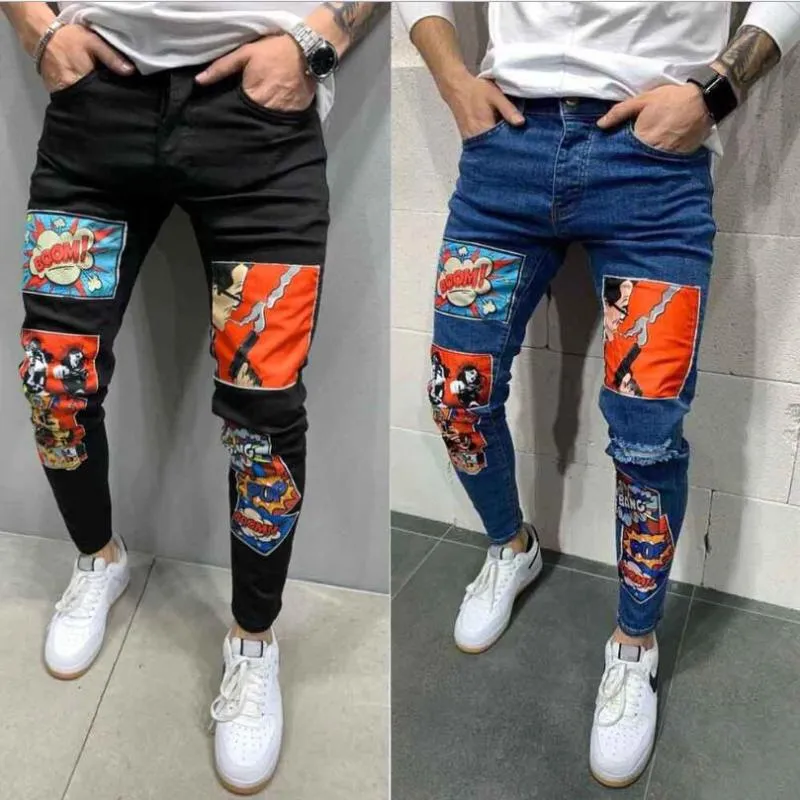 Скинни джинсы мужская мода высокая улица джинсовые штаны Pencli брюки мужчина мультфильм персонаж патч брюки мужские w1923