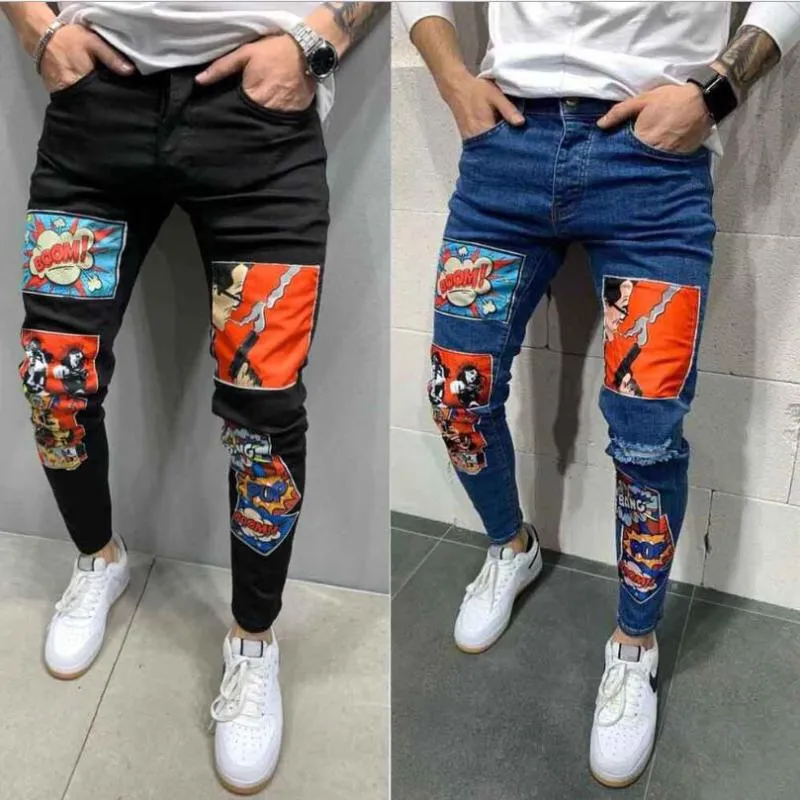 Skinny Jeans Mode Homme High Street Denim Pencli Pantalon Homme Personnage de Bande Dessinée Patch Pantalon Homme W1923