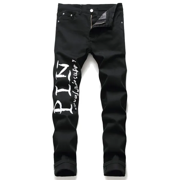 High Street Color Letter Print Jeans Mannen Zwart Stretch Comfortabele Jeans Broek Mannen Slim Fit Hip Hop Club Dance Jeans Broek X0621