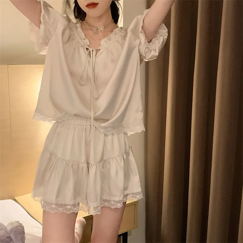 QWEEK Silk Damskie piżamy Kawaii Siek Summer Lato Koronki Pijama White Suit Princess Piżamy Krótki Rękaw Loungewar Wróżka Grunge 210830