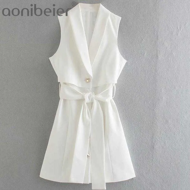 OLオフィスレディブレザードレススーツの衣装夏のファッションノースリーブシングルブレストレディースホワイトミニSashes 210604
