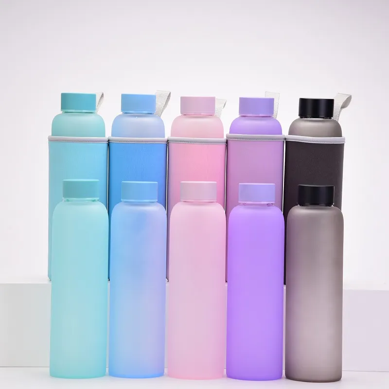 550ml Frosted Glass Water Bottle with Sleeve Bag Adult Outdoor Sports Water Bottles Black Pink