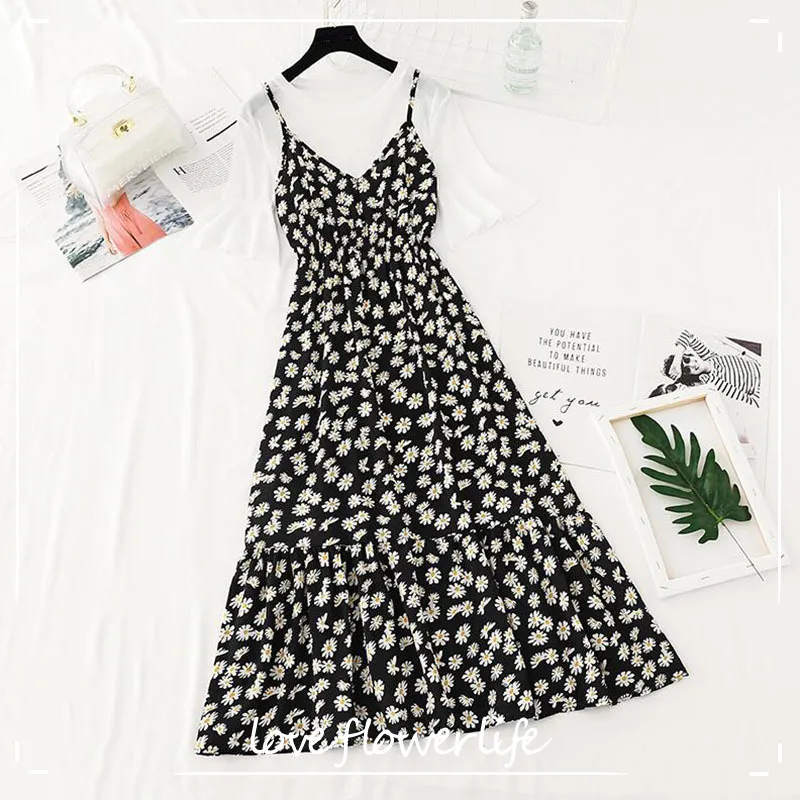 Мода женское платье две части набор летний с коротким рукавом футболка + оборками цветочные печати слинг длинный платье костюм 29 цвета 210521