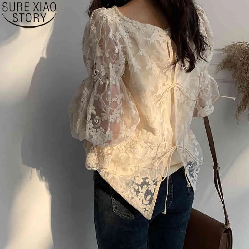 Apricot Women Blouse Back Lace-up Korean Chic O-neck Delicate Embroidered Lace Shirt Temperament Ladies Tops 12361 210417