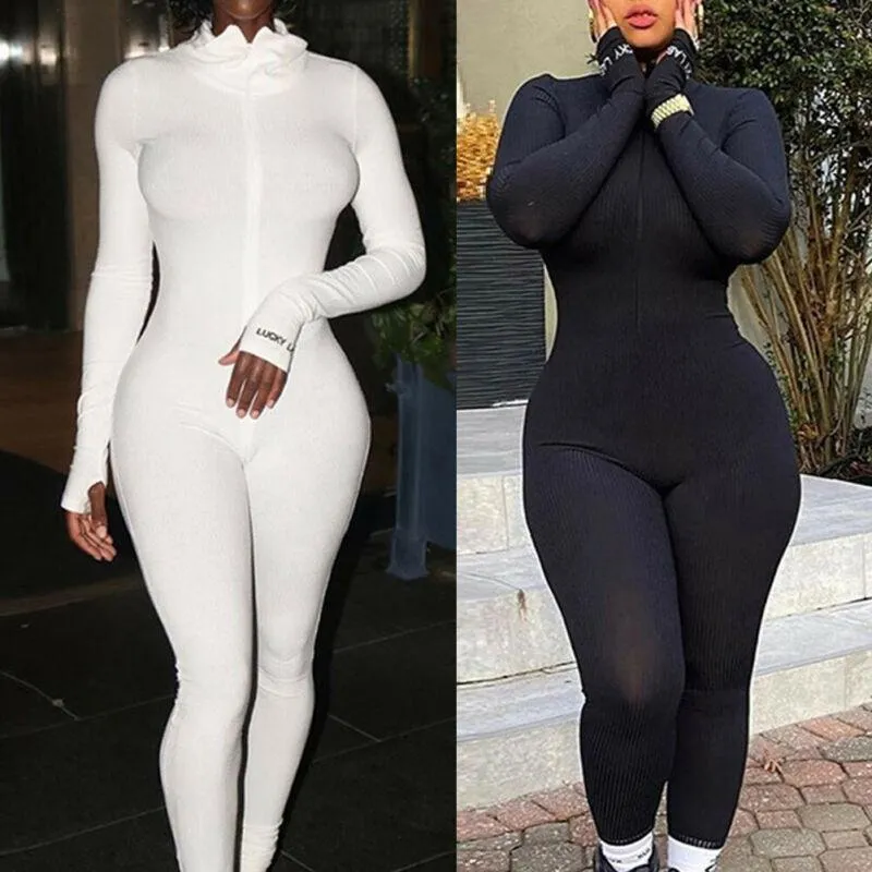 Women's Jumpsuits & Rompers Lady Slim Fitness Playsuit Black White Color Bodycon Long Sleeves Jumpsuit Female Sports Romper Skinny Trousers