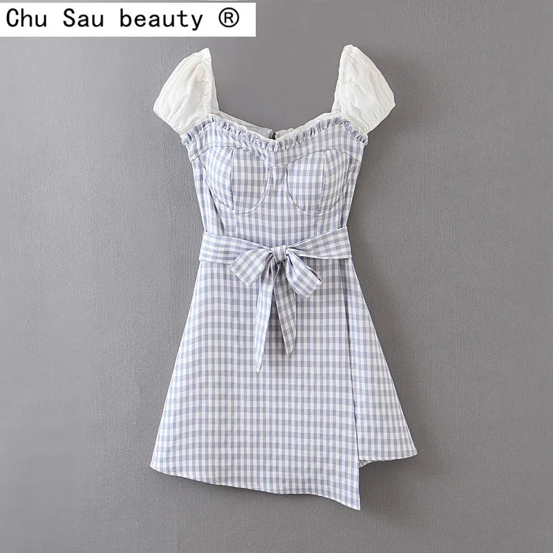 beauty Fashion Women Summer Clothes Woman Casual Square Collar Plaid Stitching Fungus Irregular Belt Dresses 210514