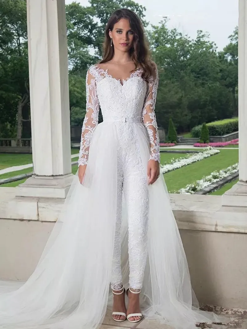 Combinaisons à manches longues robes de mariée robes de mariée avec jupes amovibles 2022 dentelle appliques pantalon costume long train robes dos ouvert Boho plage robe de mariée