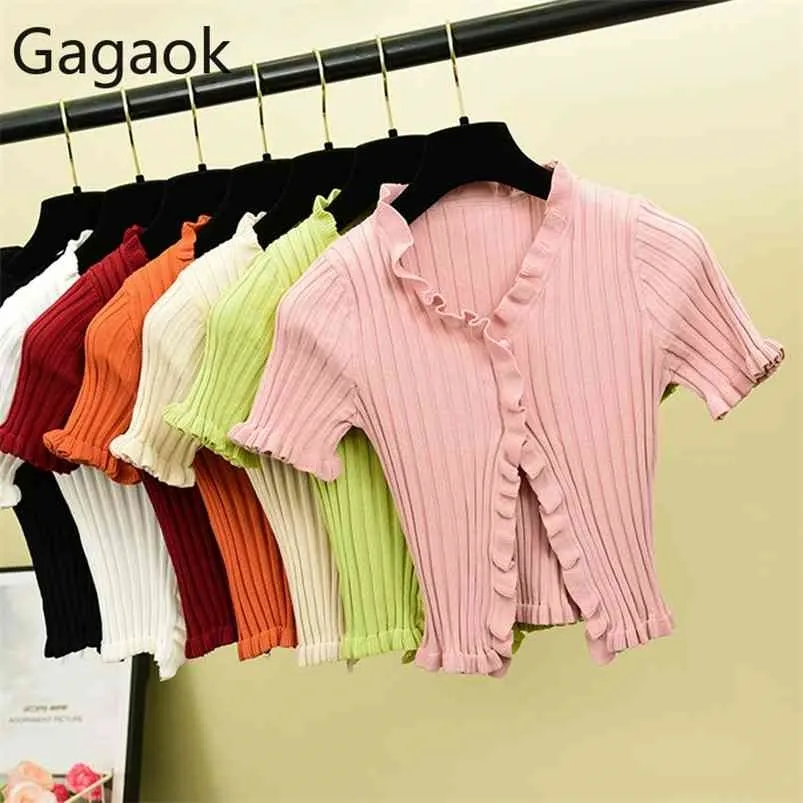Gagaok doce camisola curta mulheres primavera outono sólido manga curta cardigan botão estiramento magro senhoras raffle top 210805