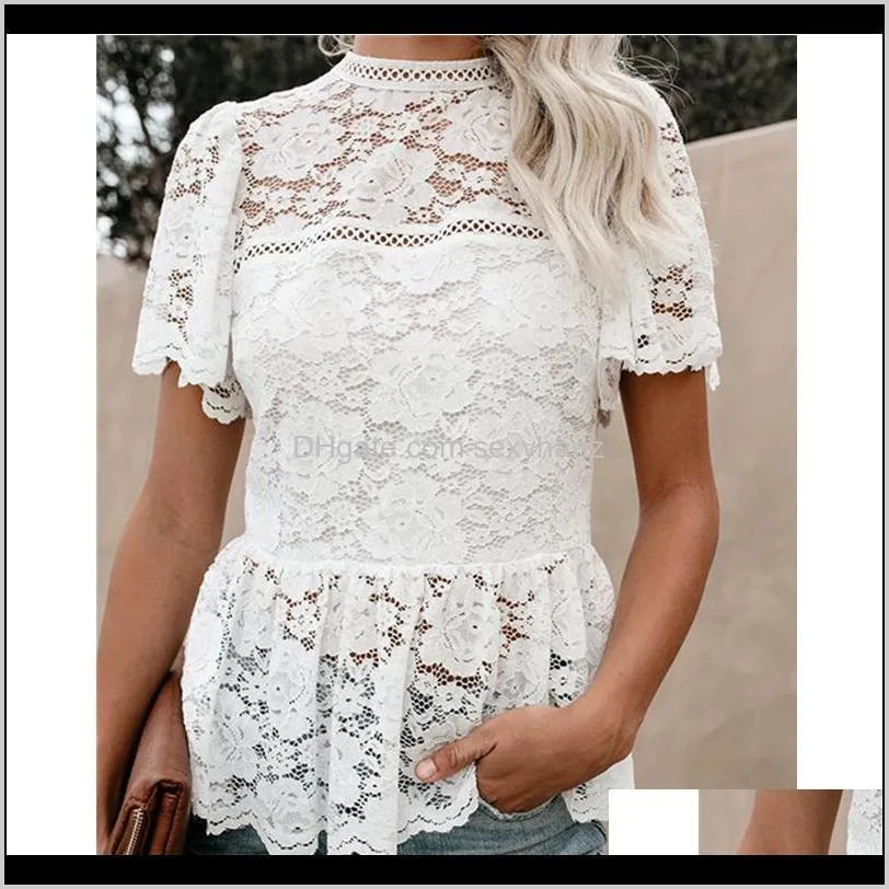 women`s fashion lightweight short flowy sleeves glam white lace peplum top
