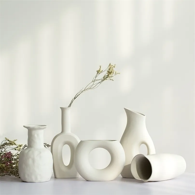 Nordic Современный минималистский керамический ваза украшения дома украшения украшения украшения сушеные цветы расположение ремесел гостиной интерьера подарок 211215