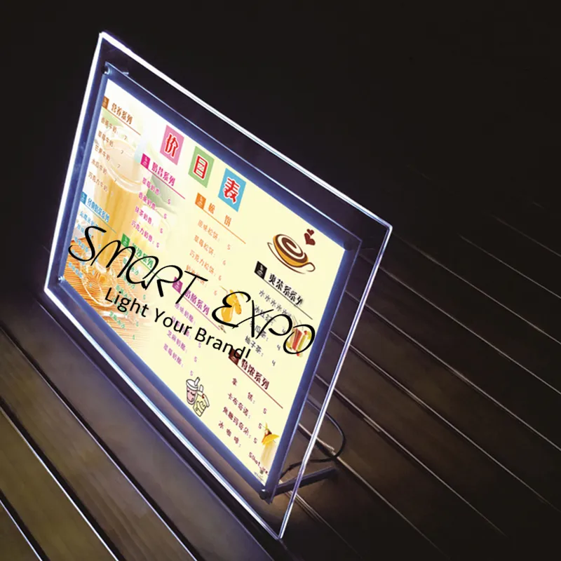 A3 Counter Crystal Light Box Advertising Display Featuring Free Standing on Table Supported by Steel Bolts and Wooden Case Packing