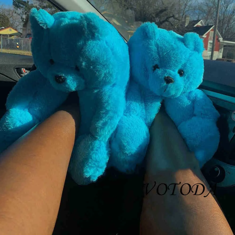 Teddy Bear House Slippers Ladies Winter Faux Fur Cartoon Plush Home Slipper Warm Funny Indoor Woman Shoes Y0714