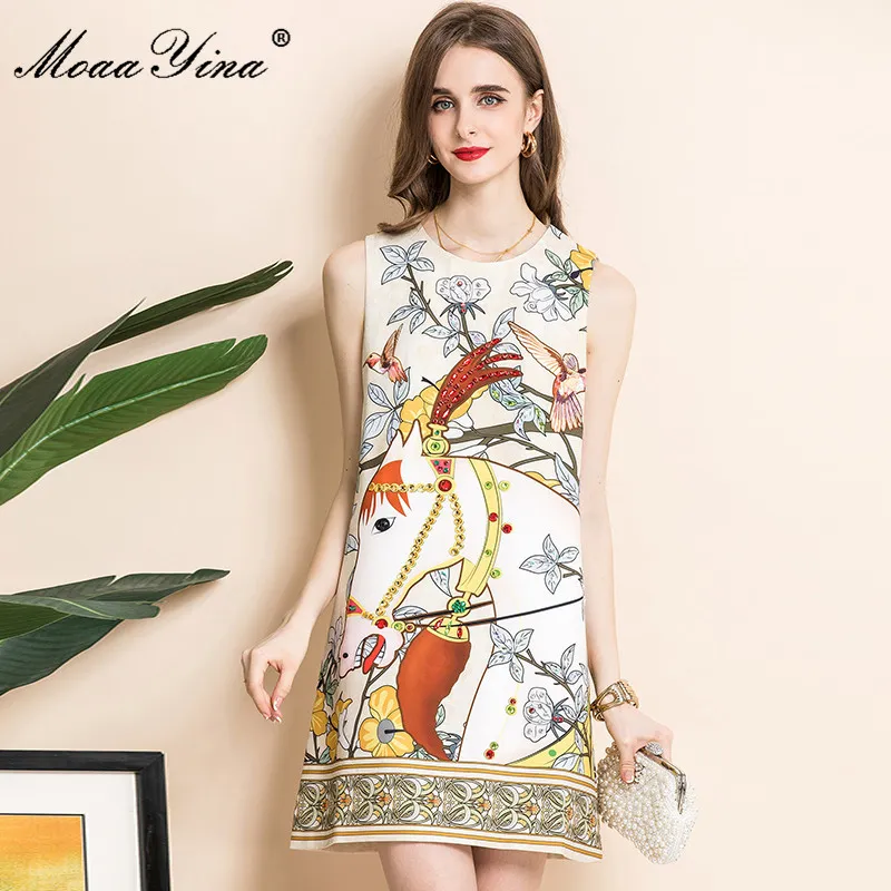 Fashion Designer Summer Short Party Robe Femme Sans manches Floral Imprimé Perles Vintage Mini Robes 210524