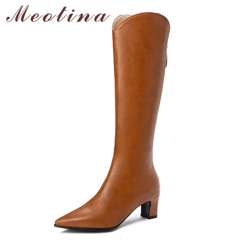 Western Boots Women Shoes Zip High Heel Knee-high Pointed Toe Block Heels Female Long Autumn Beige Size 210517 GAI GAI GAI