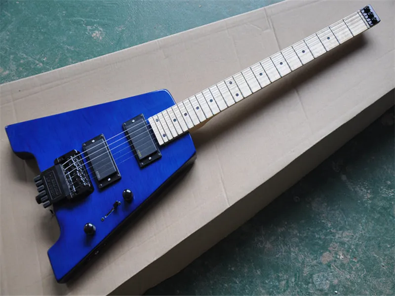 Headless Blue Body Electric Gitarr Med 2 Aktiva Pickup, Svart Hårdvara, Maple Neck, Ge anpassade tjänster