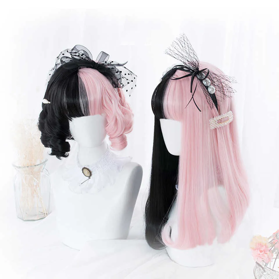 SHANGKE Pink Black Blonde White Synthetic Lolita Long Wig With Bangs Genshin Impact Cosplay Water Wave Wigs For Women Y0903