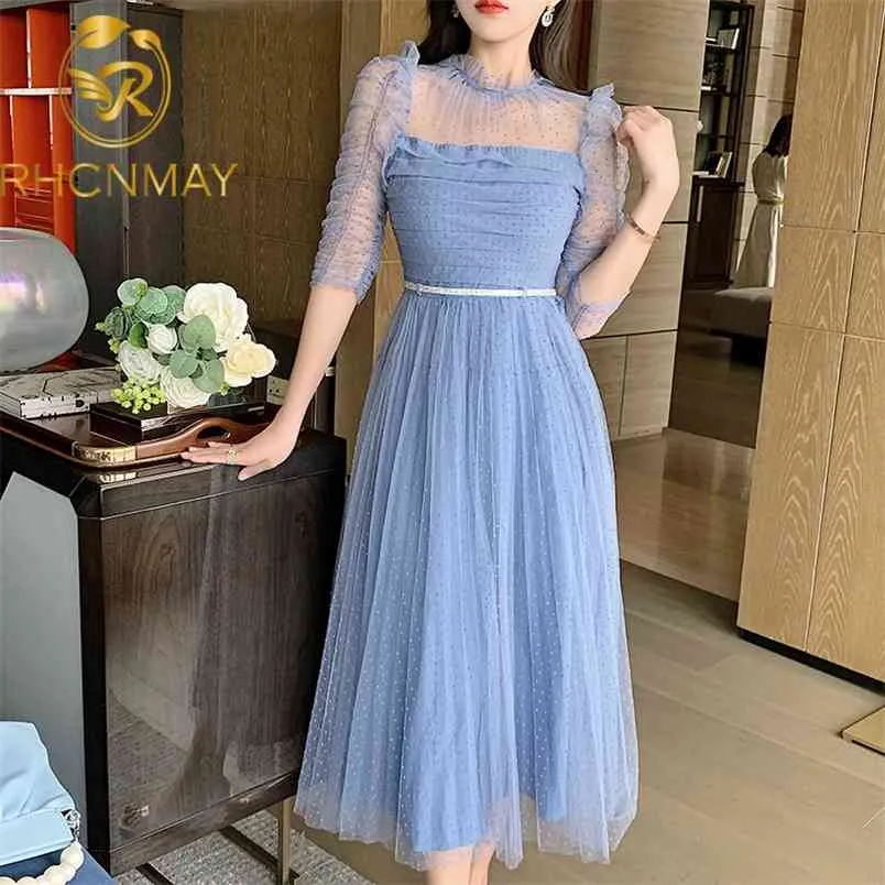 Elegant Polka Dot Mesh Dress Women's See-Through Half Sleeve Pleated Long  Dress