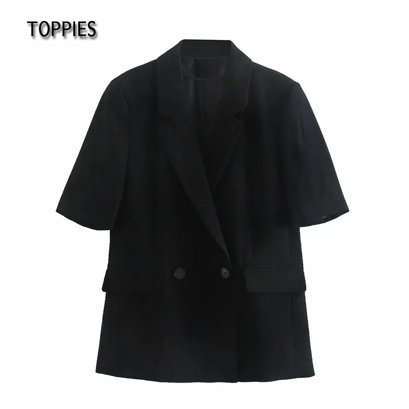 Toppies D'été À Manches Courtes Blazer Noir Veste De Costume À Double Boutonnage Noir Blazer Col Notch 210412