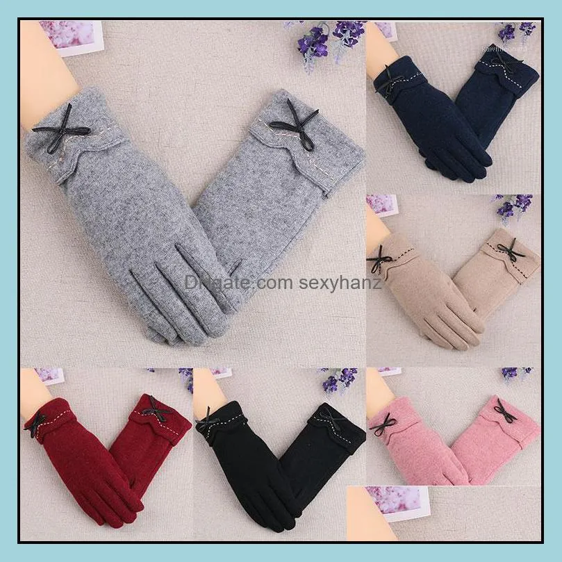 2020 Fashion Winter Female Wool Touch Screen Gloves Women Warm Cashmere Full Finger Leather Bow Dotted Driving Gloves Mittens1