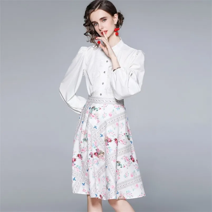 Kvinnor Elegant 2 Piece Set Fashion Sweet Ruffles Puff Sleeve Vit skjorta Top + Hög midja Blommigryckt Midi Skirt Suit 210519