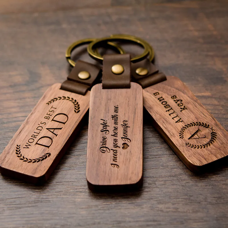 Custom Design PU Leather Hook Carved Logo Wooden Keychain Wood Key Ring B171