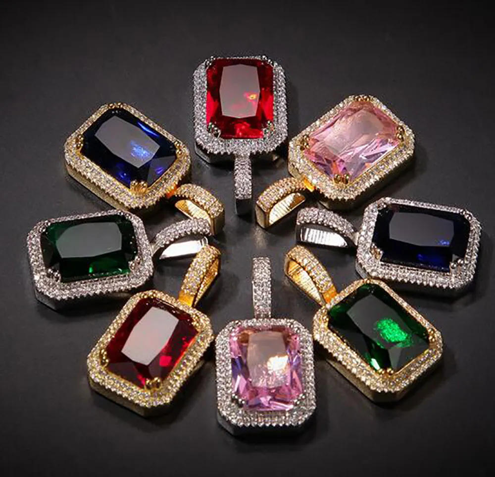 Collier avec pendentif en diamant plaqué or 14 carats, rouge rubis bleu carré Hip Hop Lab, bijoux glacés pour hommes et femmes, cadeaux 330c