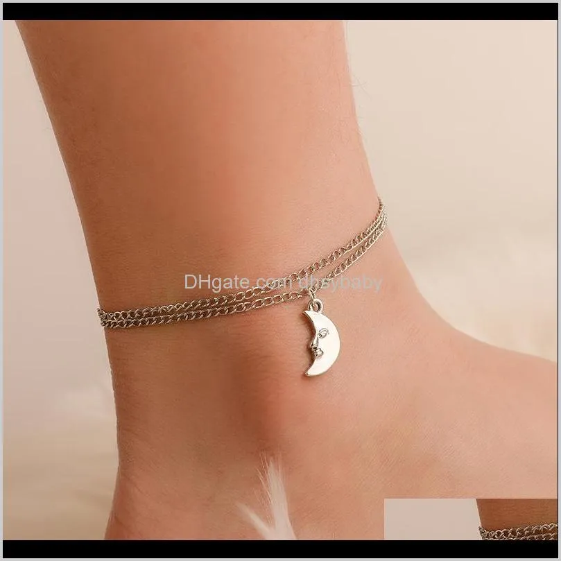 Anklets Jewelry Summer Beach Retro European 및 American Simple Double Moon Anklet with Accessories bsiux