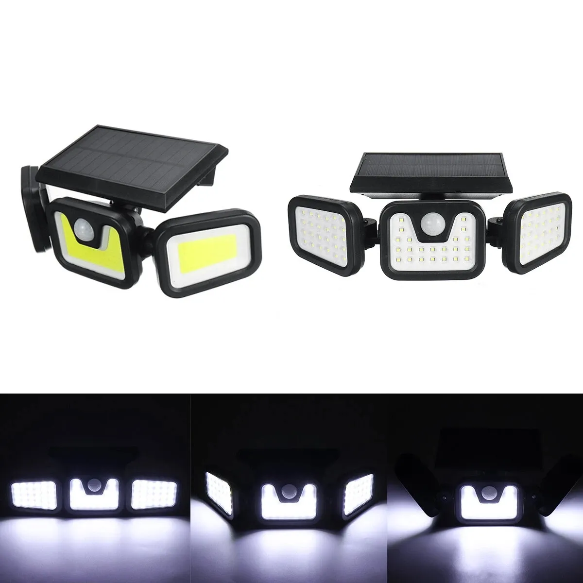 Projecteurs muraux à capteur de mouvement rotatif à 360 ° 74LED/100COB, 3 modes améliorés, trois projecteurs latéraux, sécurité solaire étanche pour cour, jardin, garage, patio, porche, terrasse